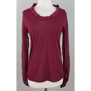 Moloko Women's Sheer Gathered Sleeve Ruffle Neck Blouse Top Size L